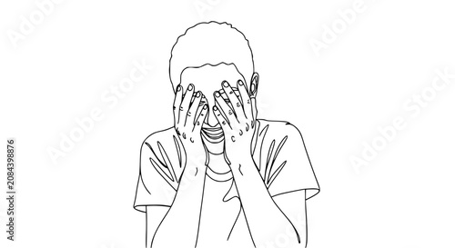 Joyful Person Hiding Face with Hands, Laughing, Line Art Drawing