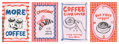Collection of vintage poster with hand drawn coffee cup, croissant and pancakes. Whimsical dopamine vector illustration for wall art gallery, invitation, menus in cafe or restaurant branding etc.