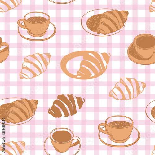 Minimal seamless pattern of various croissants on checkered background. Theme of Paris and croissant bakery and pastry. Whimsical chalk vector for patterns, prints, wallpapers and product design.