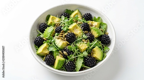 Healthy salad with ripe avocado chunks, fresh blackberries, green arugula, and toasted pumpkin seeds served in a white ceramic bowl, bright clean lighting, minimalist diet food concept.