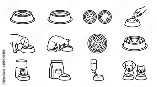 Quadro su tela Collection of Pet Food Bowls and Accessories Line Art Icons.