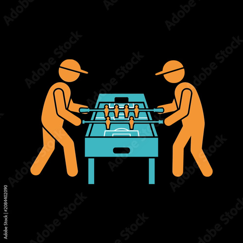 Two orange stick figures play a blue foosball table game