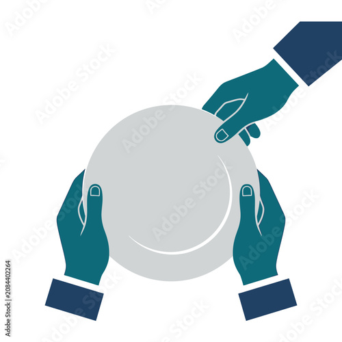 Three hands are holding a simple white ceramic dinner plate
