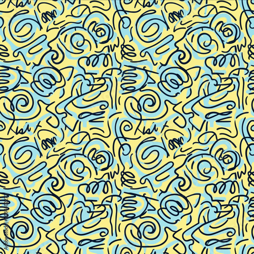 A seamless abstract pattern with blue and yellow doodles
