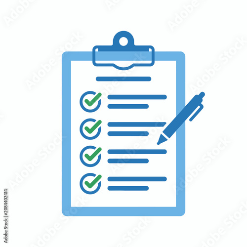 A blue clipboard icon displays a checklist and a pen
