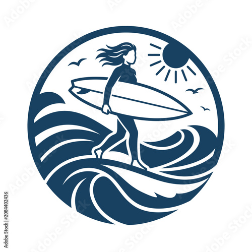 A circular blue logo of a female surfer carrying her board