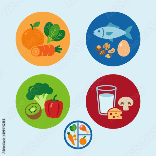 Flat vector icons representing different healthy food groups