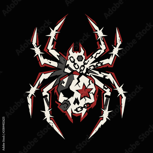 Dark graphic spider illustration with skull and star elements