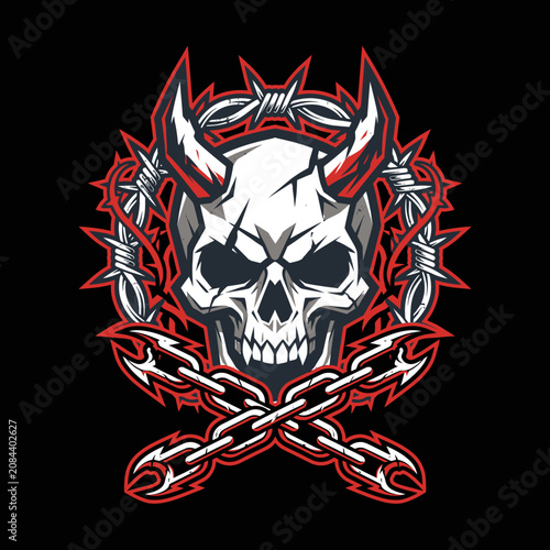An aggressive horned skull illustration with barbed wire and chains