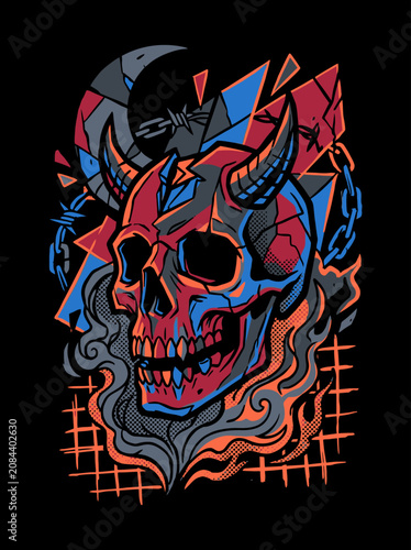 A vibrant horned skull illustration with chains and geometric shapes