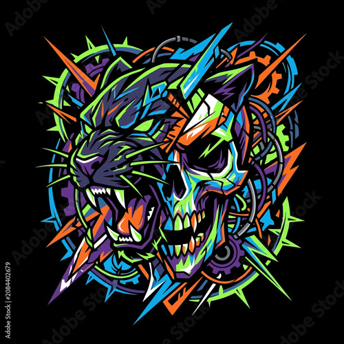Dynamic neon panther and skull graphic design illustration