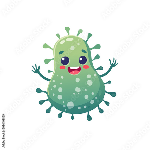 Cute cartoon virus character with arms and smile