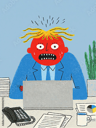 Stressed red character working at desk with laptop and messy paperwork