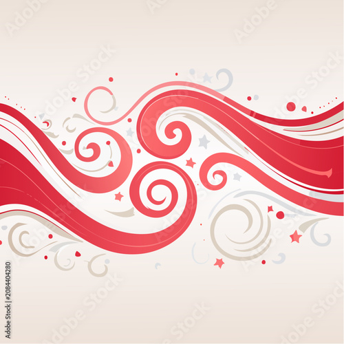 Red and beige abstract swirls and stars