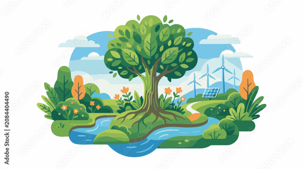 Fototapeta premium Lush green landscape with tree river wind turbines and solar panels