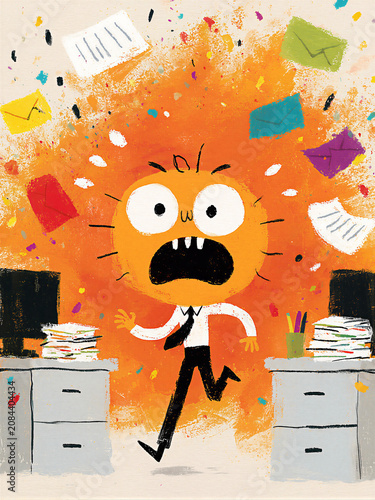 Stressed orange character running through flying paper and messy office