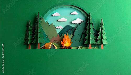 Paper cut style forest camping with campfire and tent in arch frame