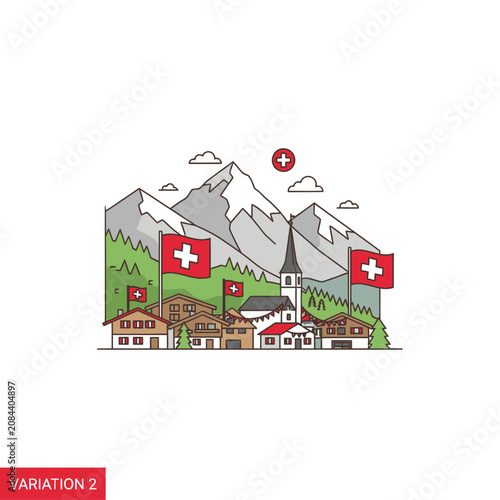 Scenic Swiss mountains reflect in alpine lake on National Day with flag colors in a simple flat illustration of a village.