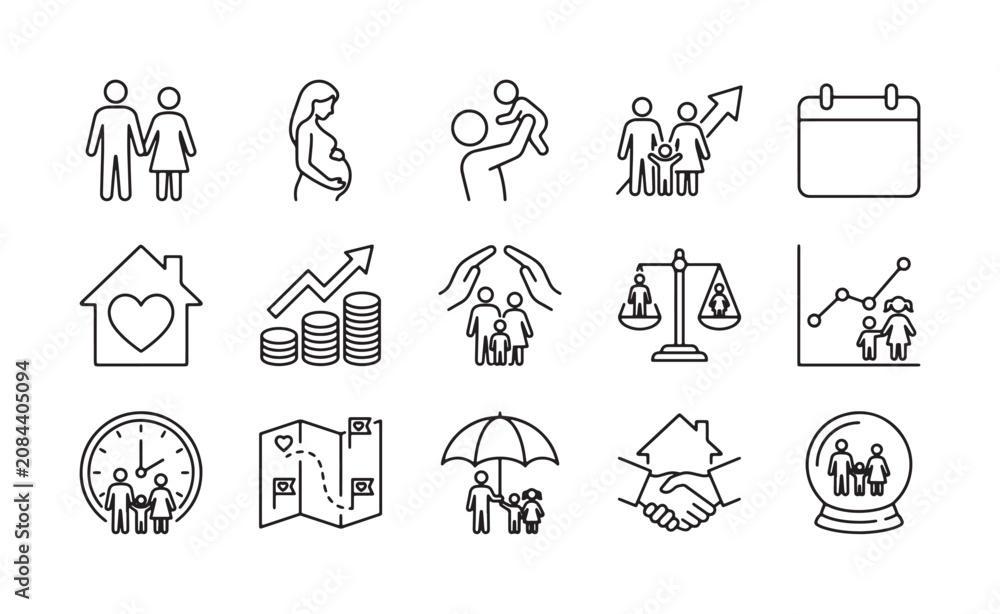 Fototapeta premium Family and Social Protection Line Icons Set, a comprehensive vector collection depicting family growth, financial security, legal rights, and community support