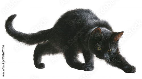 Black domestic cat with sleek fur and bright eyes walking carefully