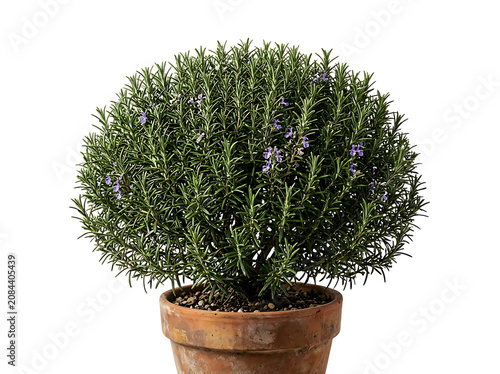 Fresh Blooming Rosemary Herb Plant in Terracotta Pot Isolated on White Background