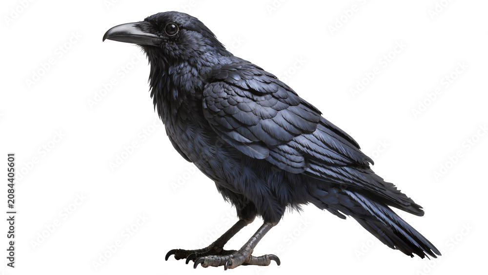 Obraz premium Isolated black raven bird standing majestically in a side profile, with detailed dark feathers