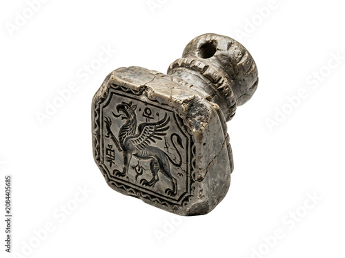 Antique Archeological Stone Stamp featuring Mythical Griffin and Ankh Hieroglyph