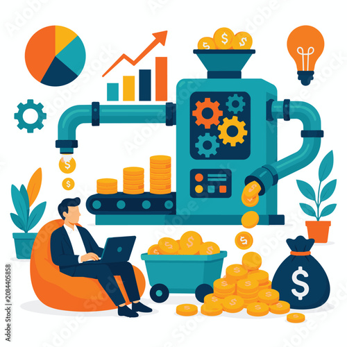 Business Profit Growth and Money Making Machine Flat Vector Illustration