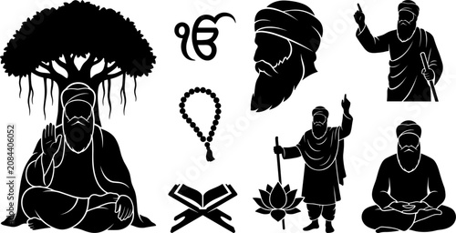 Konstfotografi Guru Nanak Dev Ji Black Silhouette Set Featuring Sikhism Symbols, Ik Onkar, Holy