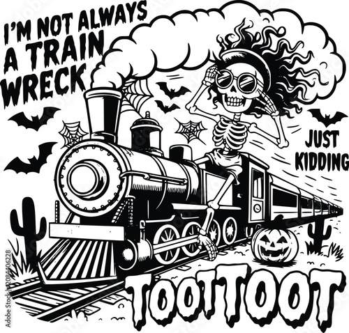 Bilde på lerret Adobe IllustraSpooky Skeleton Driving Steam Train Vector Illustration Funny Quot