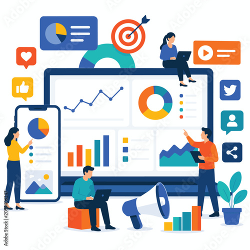 Digital Marketing Strategy and Business Analytics Flat Vector Illustration