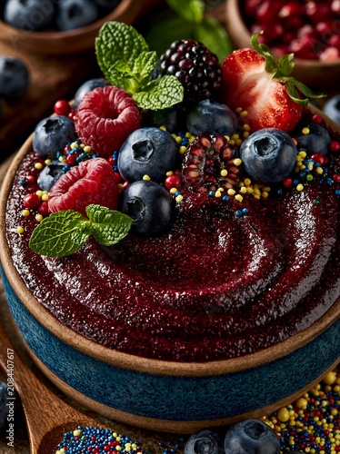 Mixed berry smoothie bowl topped with fresh fruits