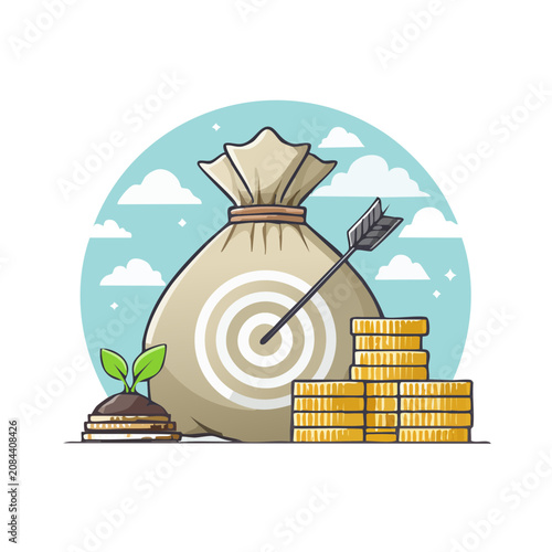 Money bag with target arrow and gold coins illustration