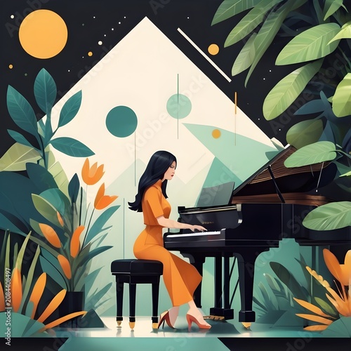 Stylish woman playing a grand piano surrounded by lush tropical plants and abstract geometric shapes in an elegant modern artistic composition
