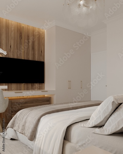 Foto Minimalist hotel suite interior with double wardrobe and armchair 3d illustratio