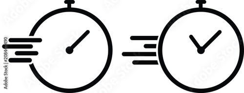 Minimalist stopwatch icons with speed lines, fast delivery time symbols, black line art chronometers for express service and urgency concepts