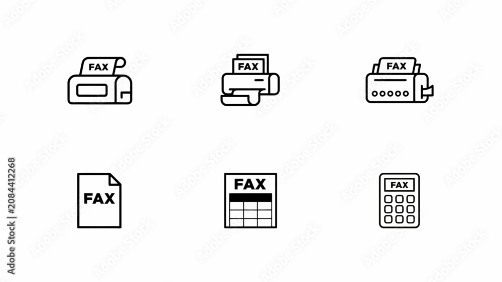 Fototapeta premium Fax machine icons in black line style representing communication technology on a white background faxing facsimile office equipment