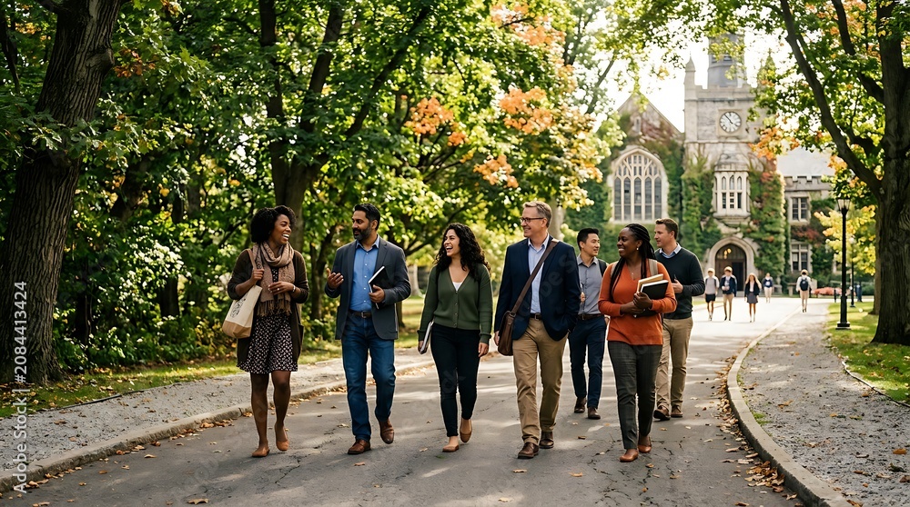 Obraz premium Diverse group of adult students walking on university campus path