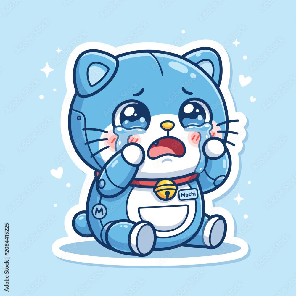 Fototapeta premium Cute Blue Robot Cat Crying Sad Tears Cartoon.