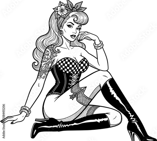 Sexy vintage retro pin up woman wearing checkered corset, thigh high boots and tattoo, sitting, monochrome vector line art illustration.
