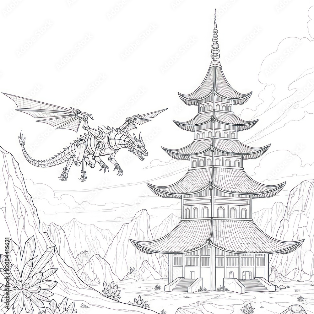 Naklejka premium Detailed black-and-white line drawing of a dragon near a traditional pagoda, mountains, and flora