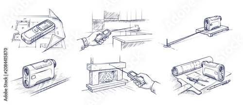 Quadro su tela Laser distance meter sketch illustration set showing electronic rangefinders measuring room layouts, kitchen walls, fireplace bricks, and construction architecture blueprints in hand drawn pen sketch