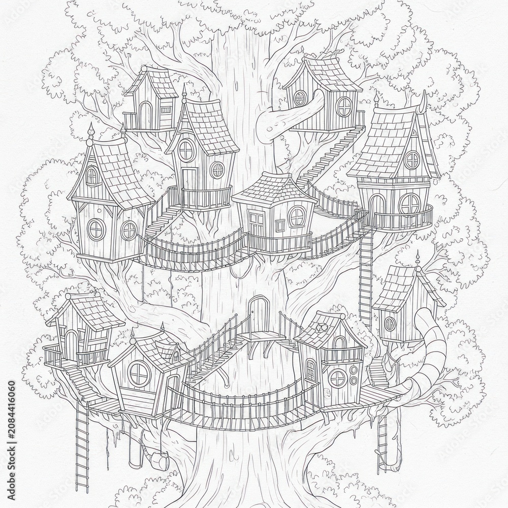 Fototapeta premium Intricately detailed treehouse village in a large tree with multiple connected cabins