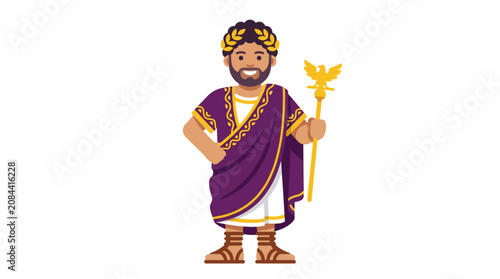 A cartoon illustration of a man dressed as a king or deity.
