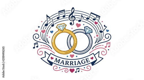 Wedding rings and music notes logo.