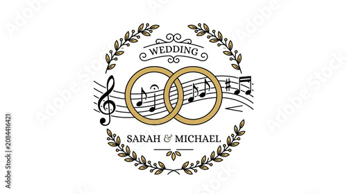 Wedding music logo with golden rings.