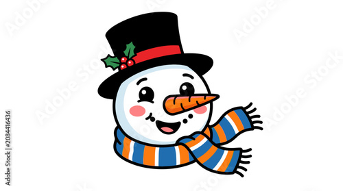 A cheerful snowman in winter clothing.