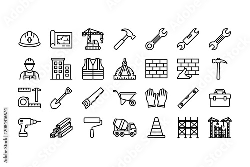 Fotografie Construction and Building Line Icon Set Vector Pack