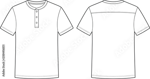 Men short sleeve henley t shirt fashion technical sketch template vector illustration front and back views.