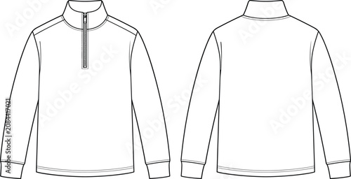 Men quarter zip sweatshirt fashion technical sketch template vector illustration front and back views.